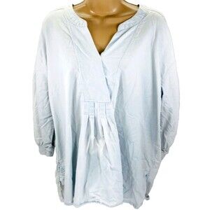 Bandolino Chambray Tunic Top M L Womens Blue Hippie Boho Prairie Bleach Dyed